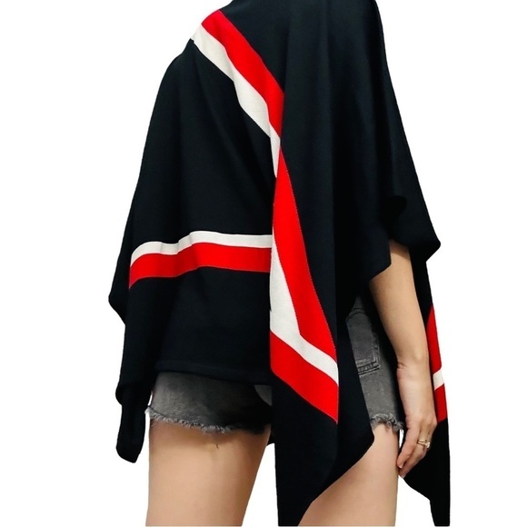 St. John Cape Poncho Sweater Wool Knit Minimalist Designer Black Striped Small - Picture 3 of 9